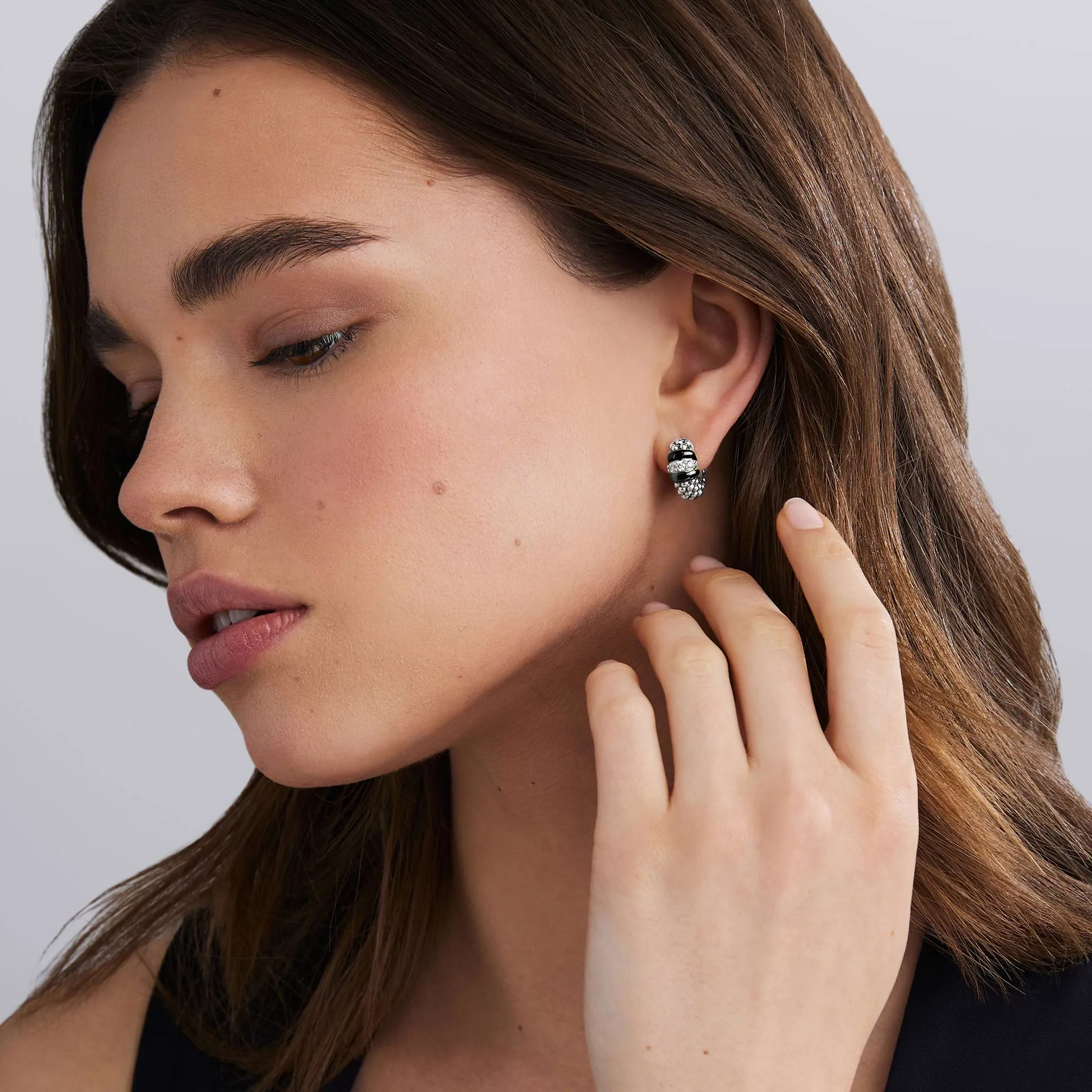 Black Caviar Black Ceramic and Diamond Huggie Earrings - Image 2