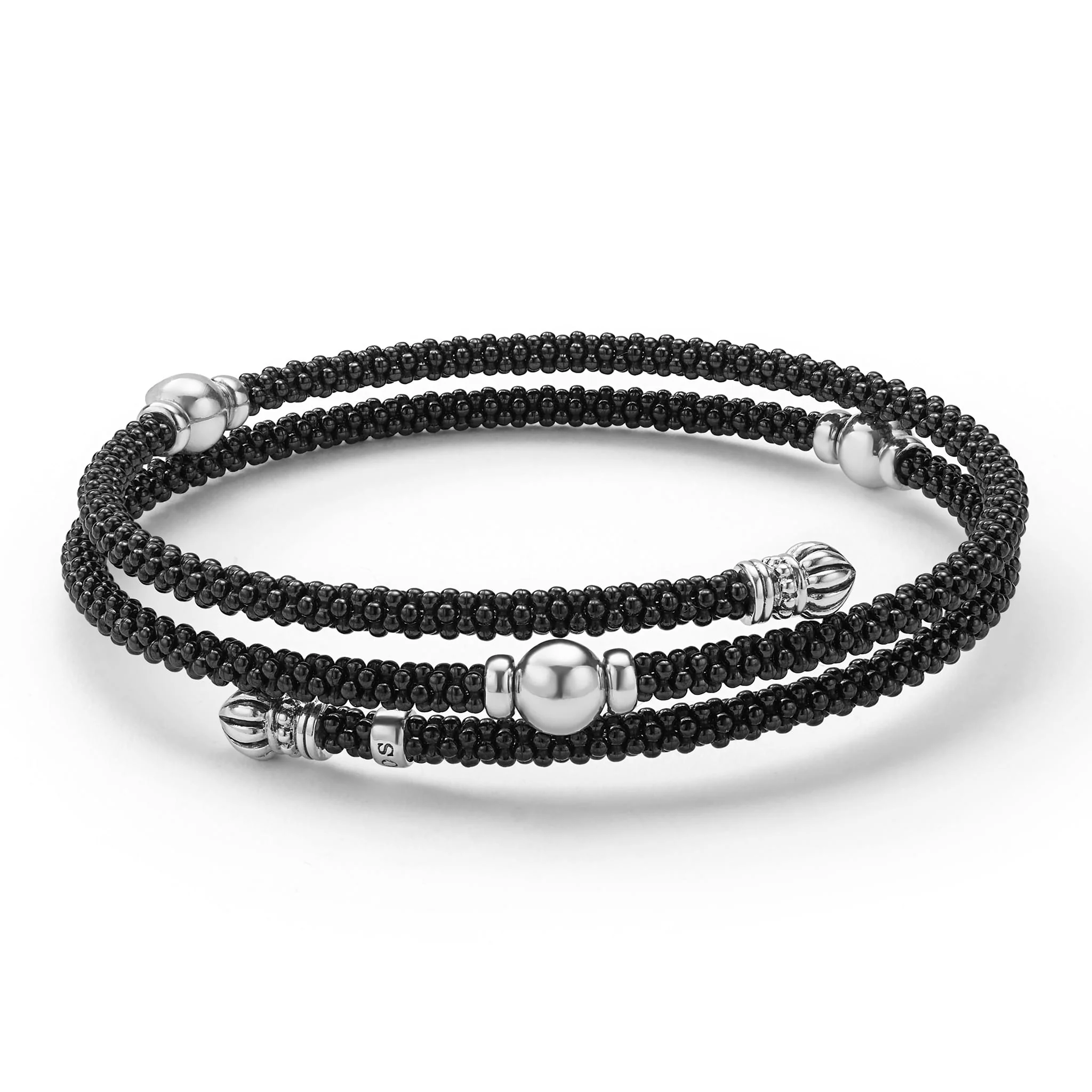 Black Caviar Black Ceramic Beaded Silver Station Double Wrap Bracelet