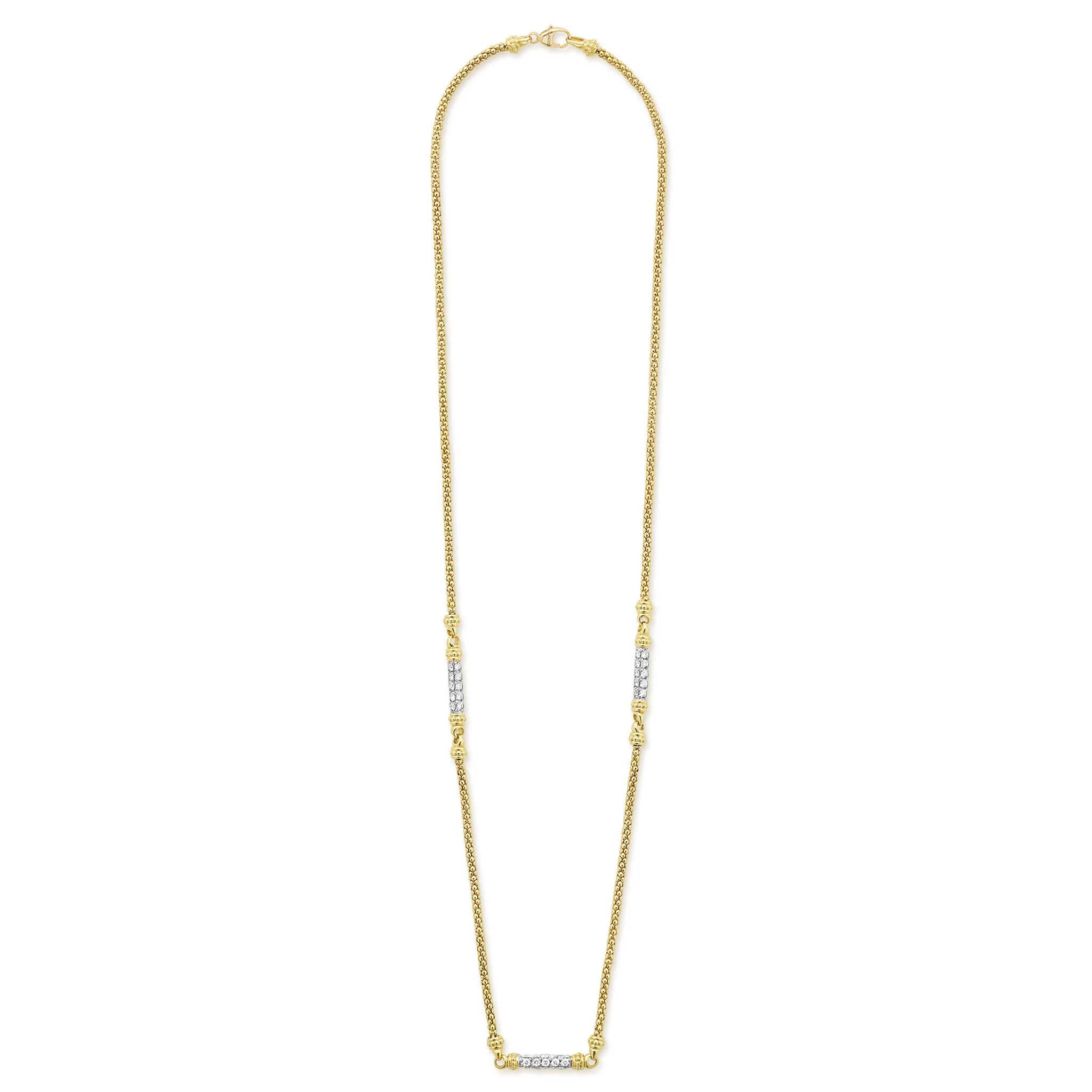 18K Caviar Gold Diamond 3 Station Chain Necklace