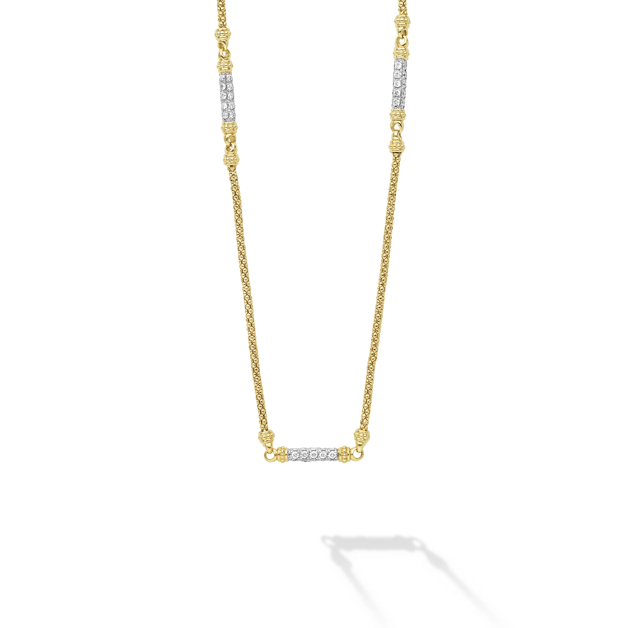 18K Caviar Gold Diamond 3 Station Chain Necklace - Image 2