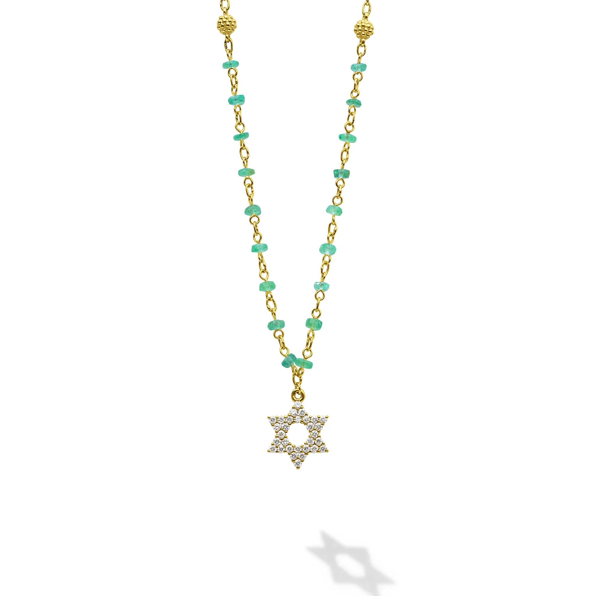 Caviar Gold 18K Gold Emerald Beaded Diamond Star of David Necklace