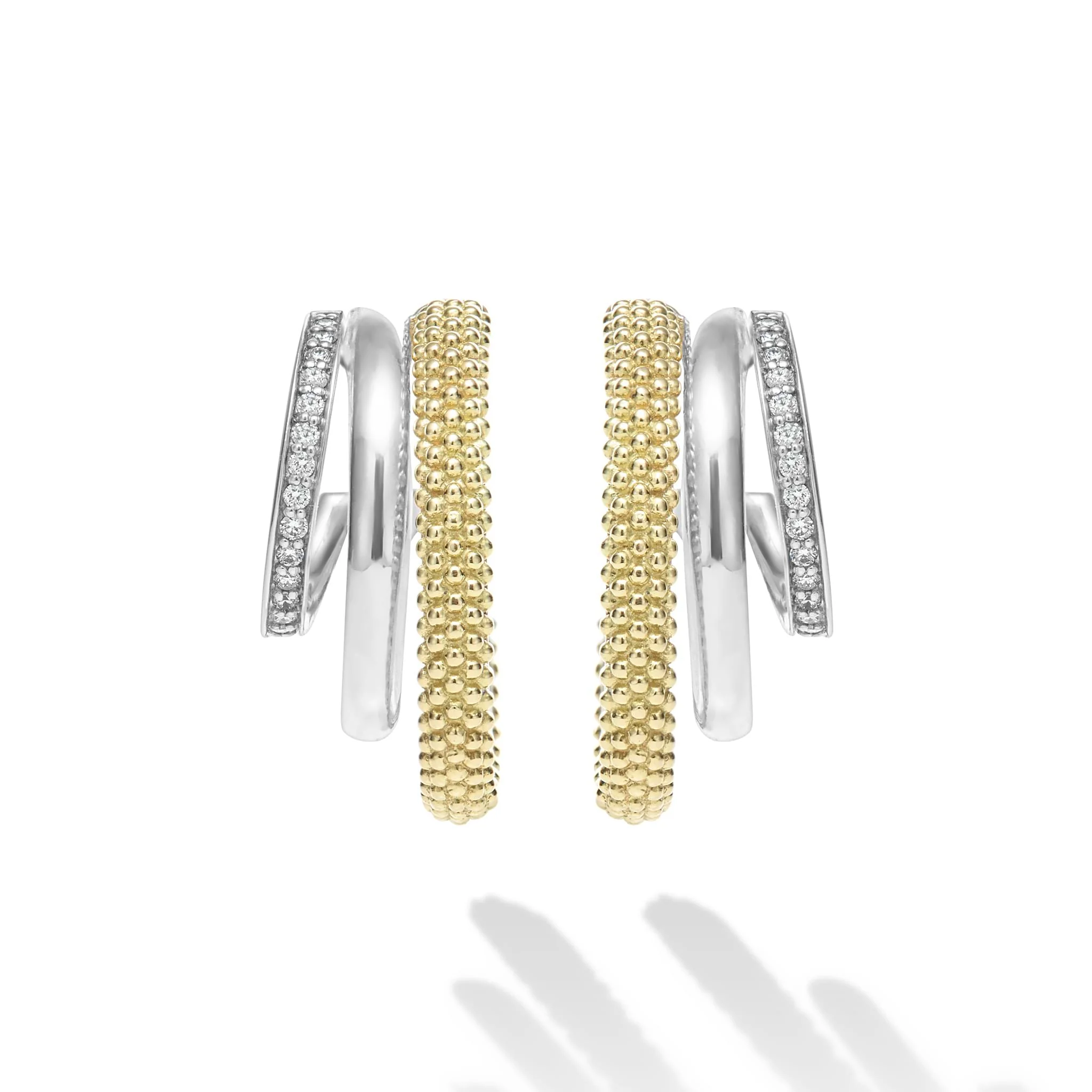 Caviar Lux Two-Tone Three Ring Diamond Hoop Earrings - Image 4