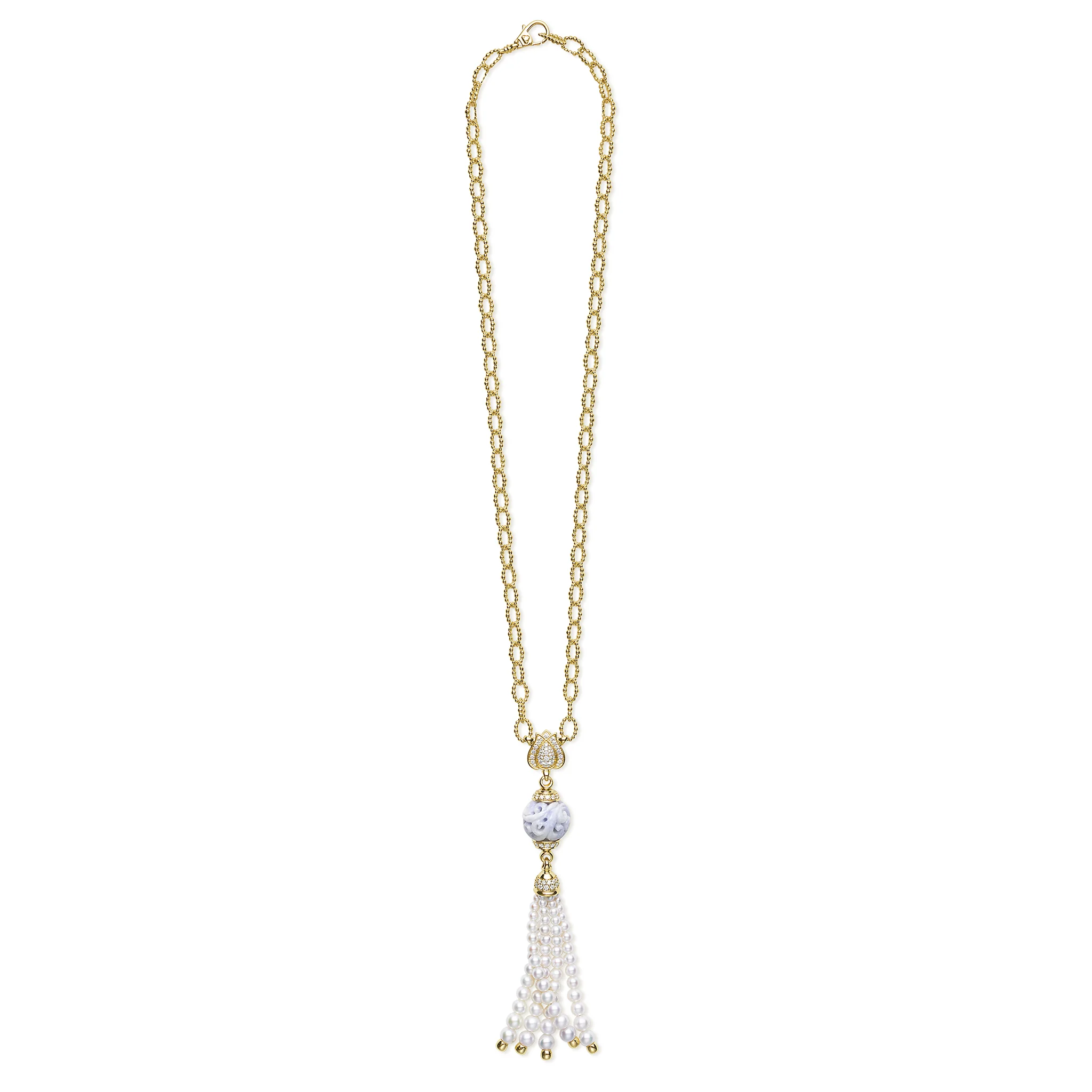 SML 18K Caviar Gold Lotus & Lavendar Jade Tassel Necklace - Image 2