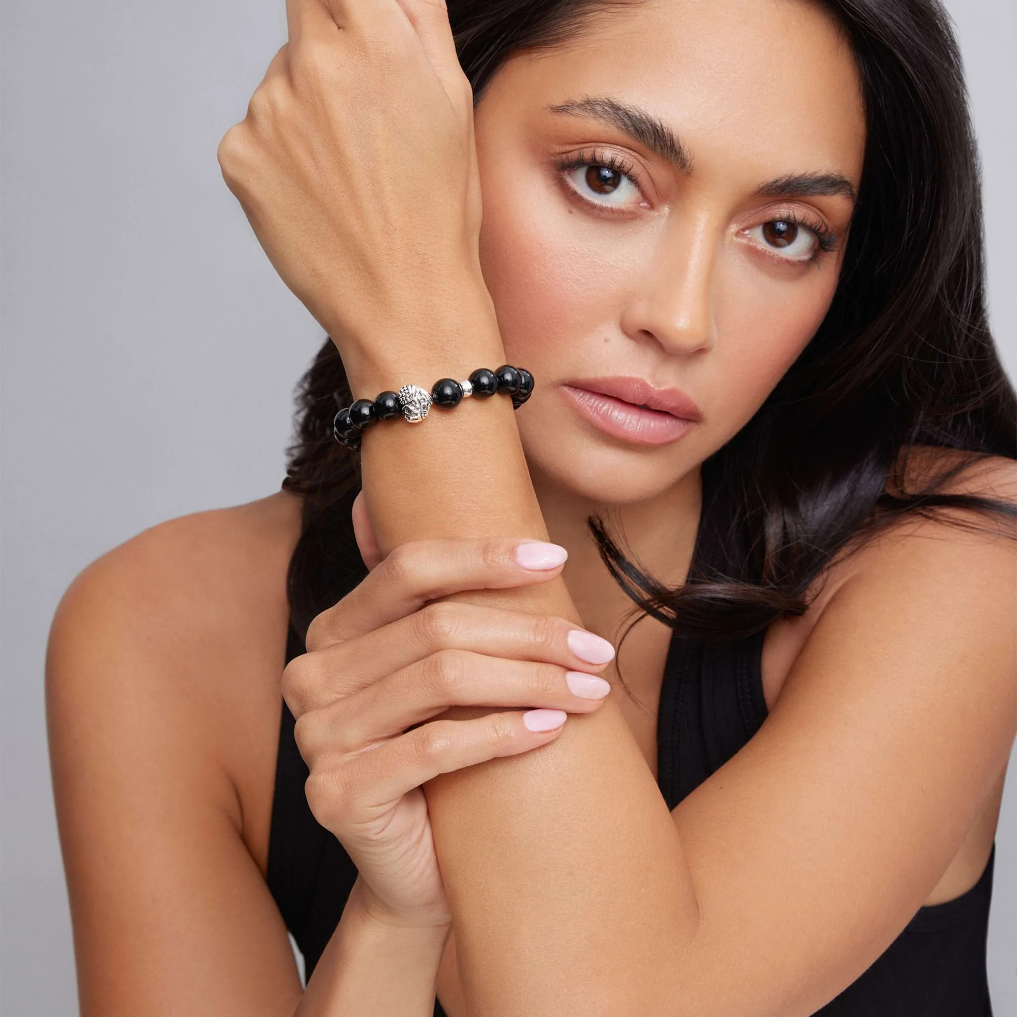 Keep Memory Alive Black Agate Silver Station Bead Bracelet - Image 2