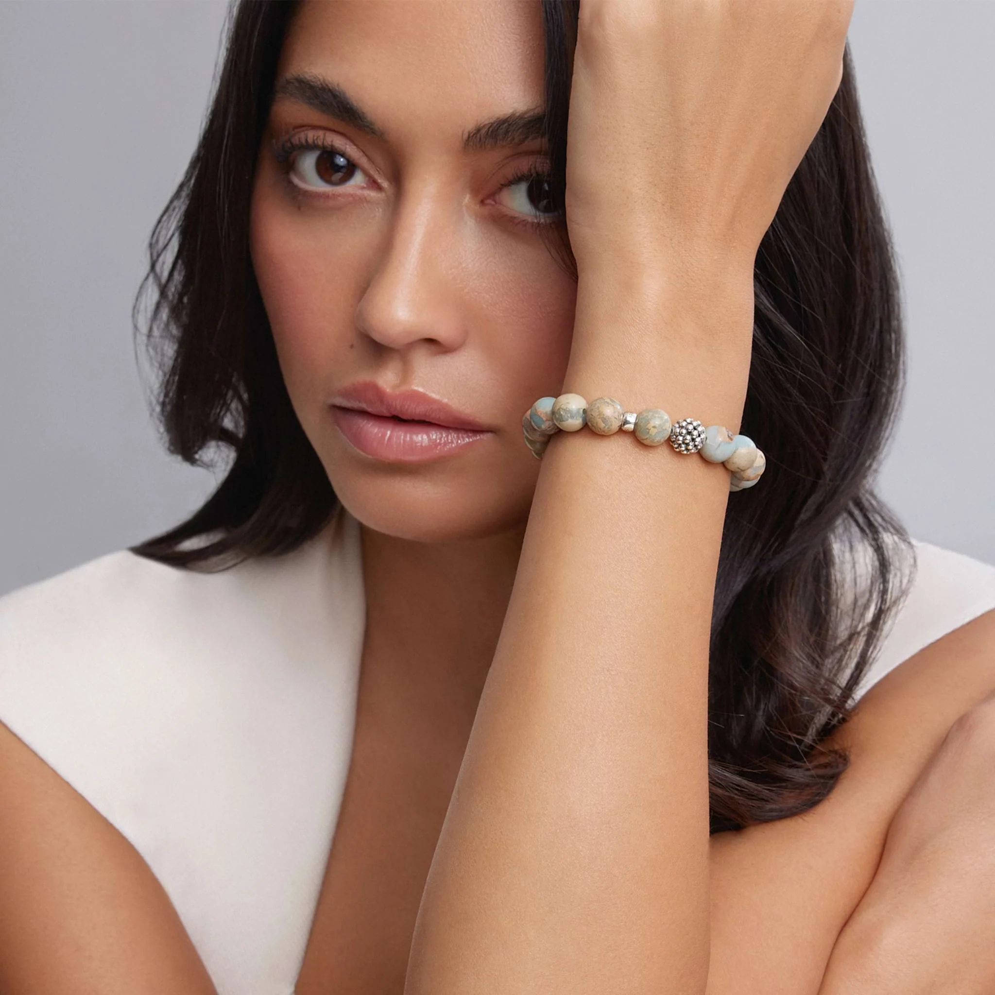 Maya Aqua Tera Jasper Silver Station Bead Bracelet - Image 2
