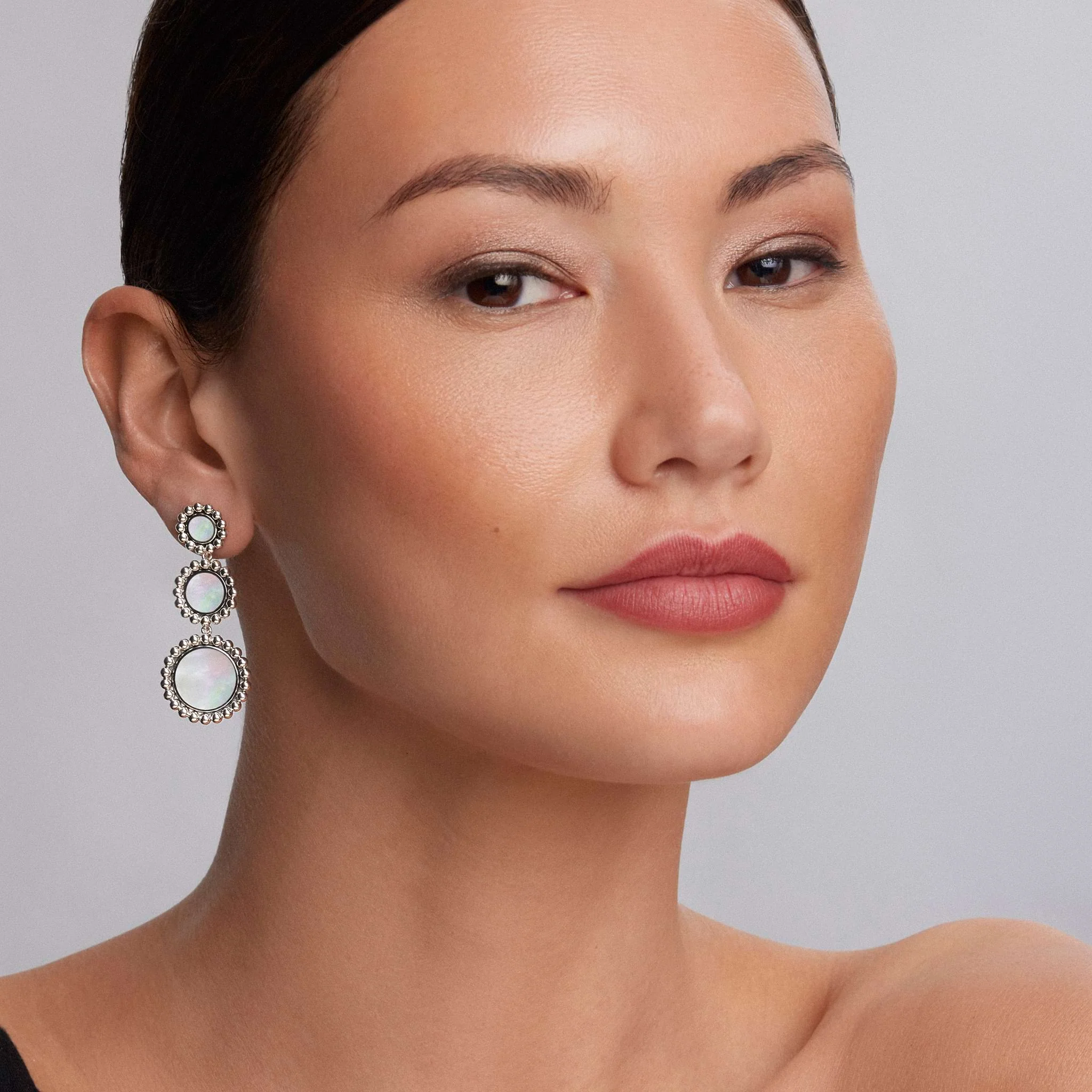 Maya Three Mother of Pearl Circle Drop Earrings - Image 2