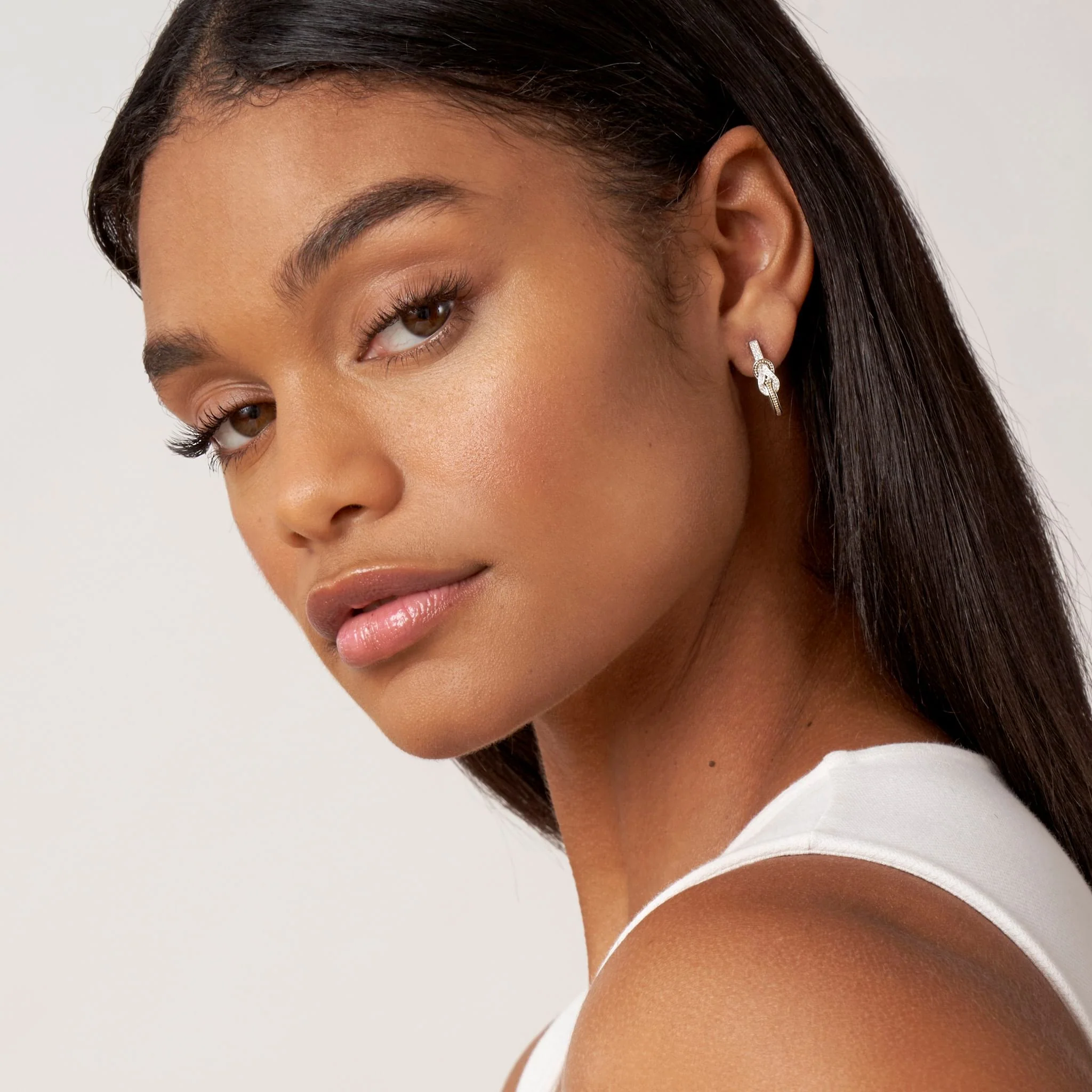Newport Two-Tone Knot Diamond Half Hoop Earring - Image 2