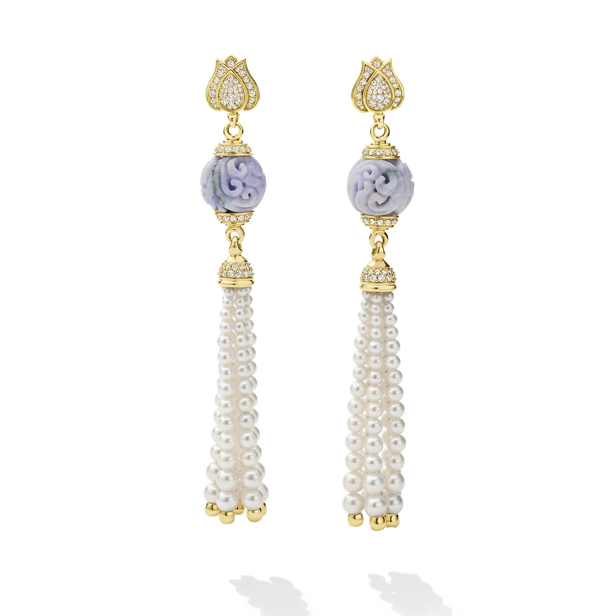 SML 18K Gold Lavender Jade and Pearl Tassel Earring - Image 2