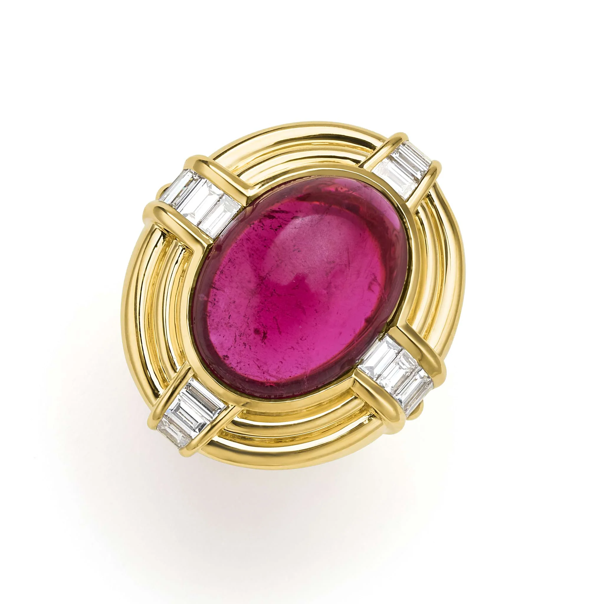 SML 18K Gold Oval Rubellite Cabochon and Diamond Ring