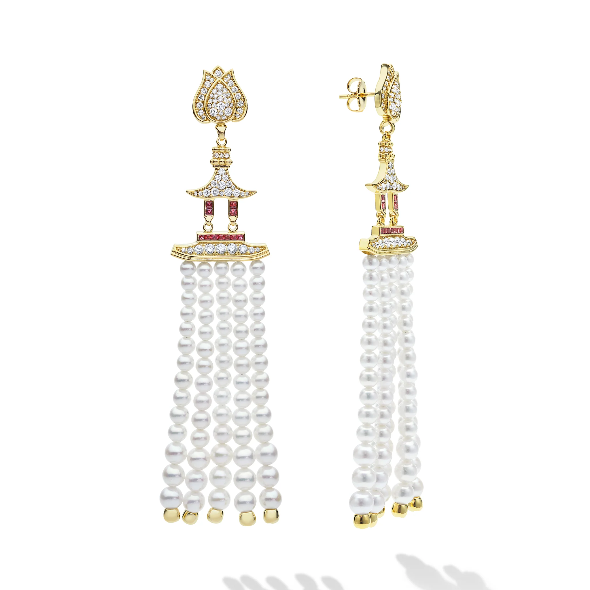 SML 18K Gold Ruby Pagoda with Pearl Tassel Diamond Earrings