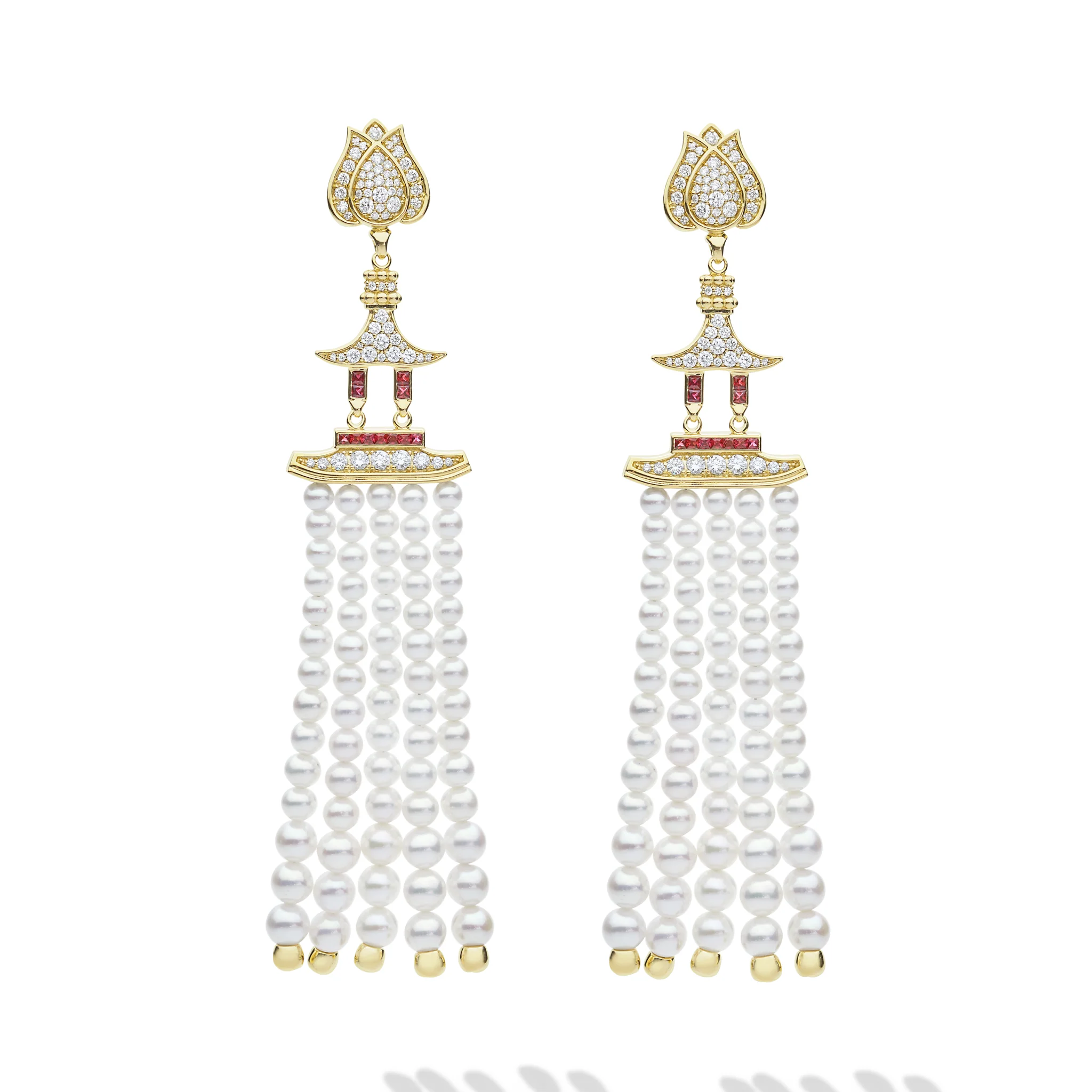 SML 18K Gold Ruby Pagoda with Pearl Tassel Diamond Earrings - Image 2