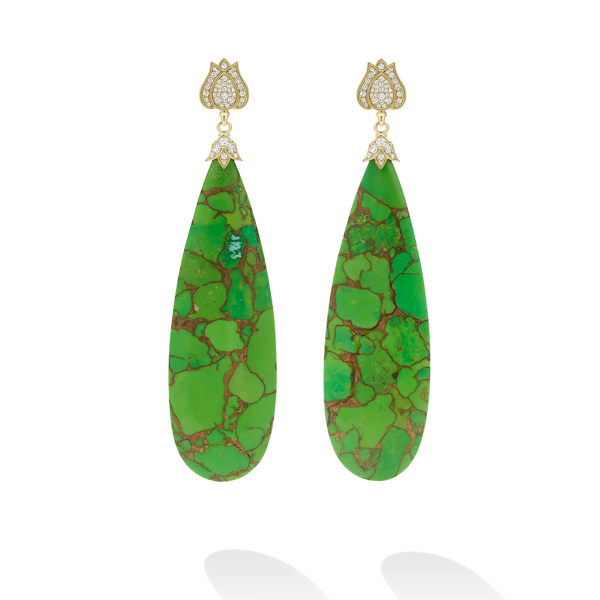 SML 18K Gold Diamond and Green Turquoise Lutus Drop Earring - Image 2