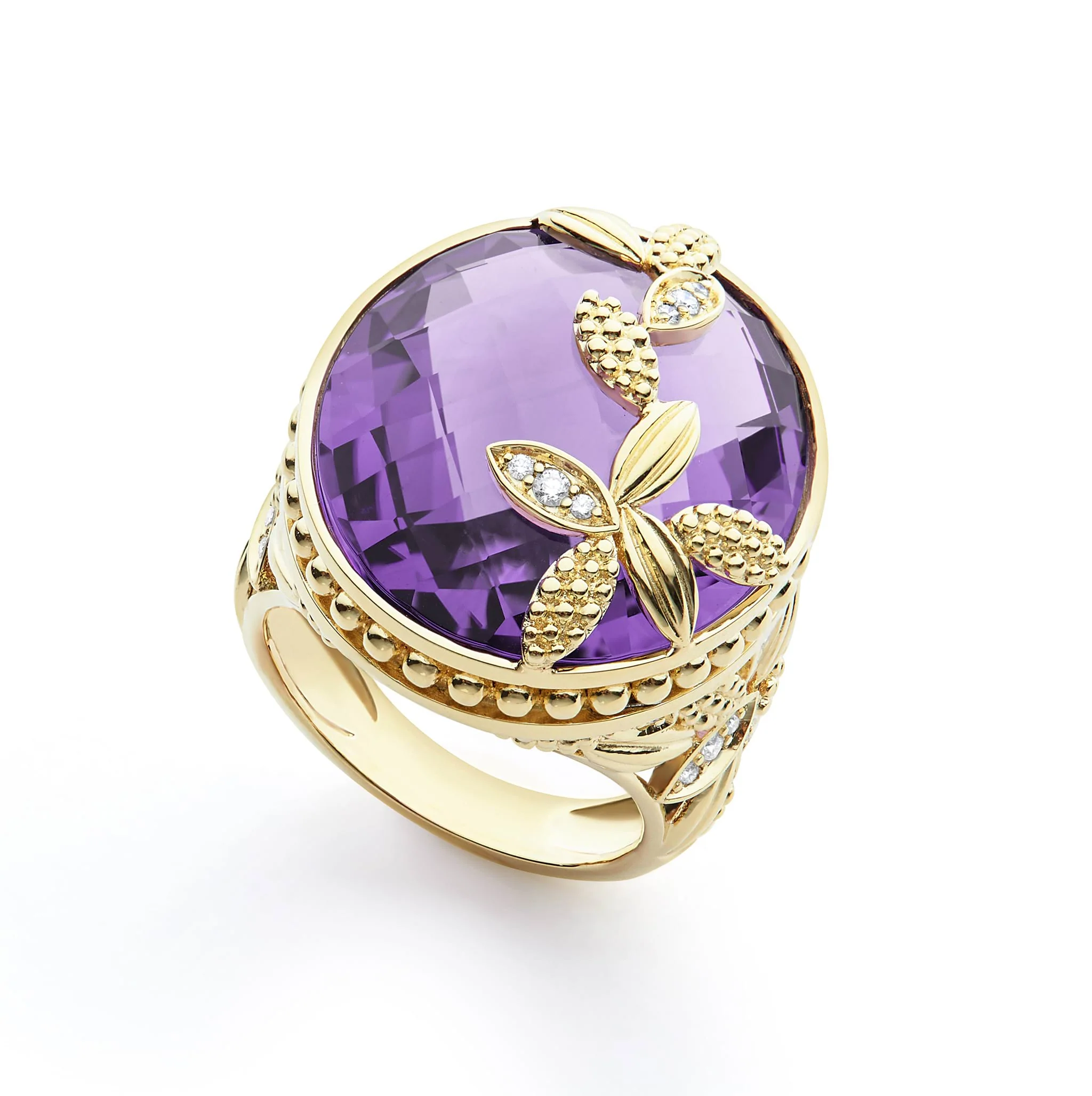 SML 18K Gold Floral Amethyst and Diamond Ring