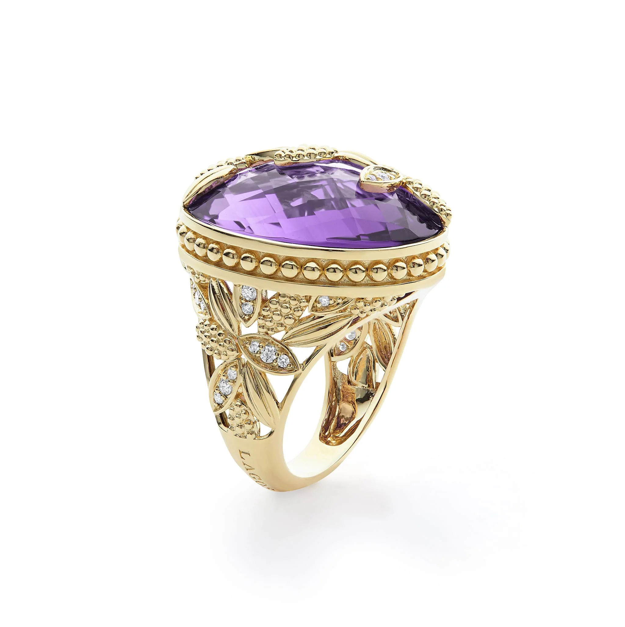 SML 18K Gold Floral Amethyst and Diamond Ring - Image 2