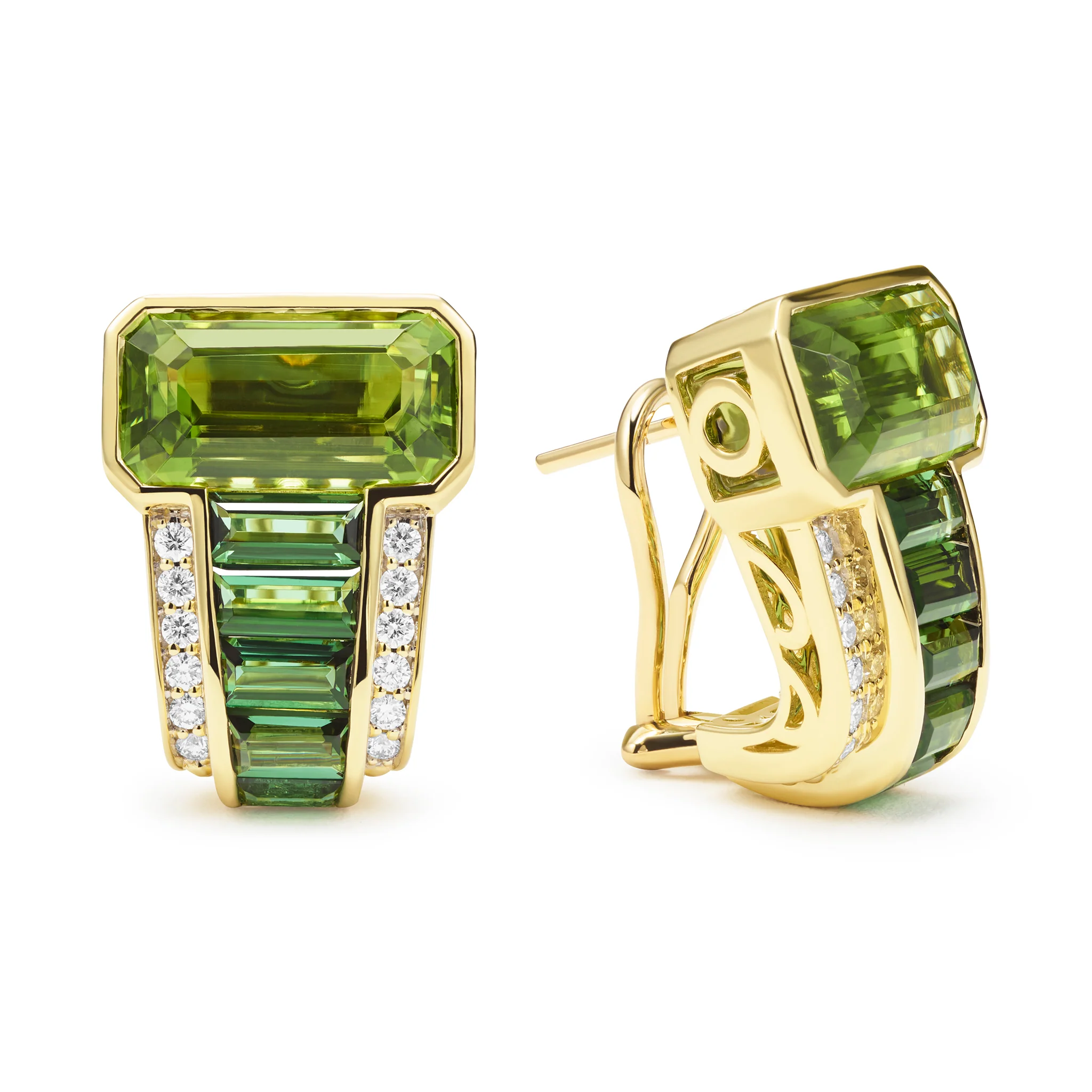 SML 18K Peridot and Green Tourmaline Diamond Omega Clip Earrings