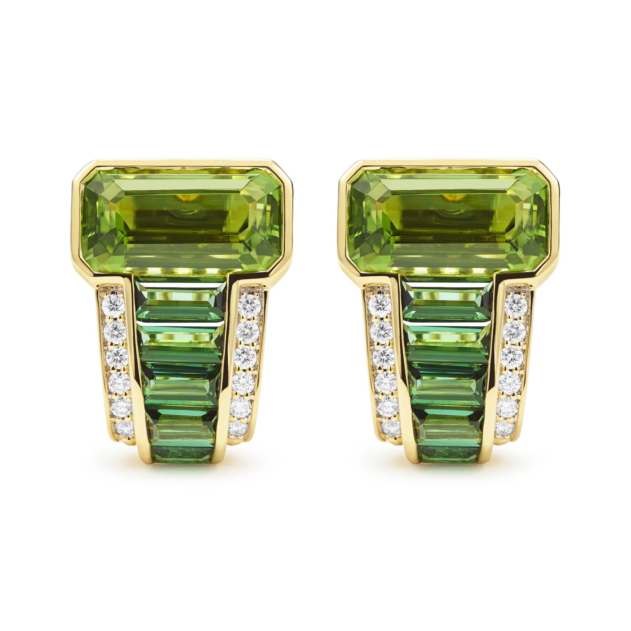 SML 18K Peridot and Green Tourmaline Diamond Omega Clip Earrings - Image 2