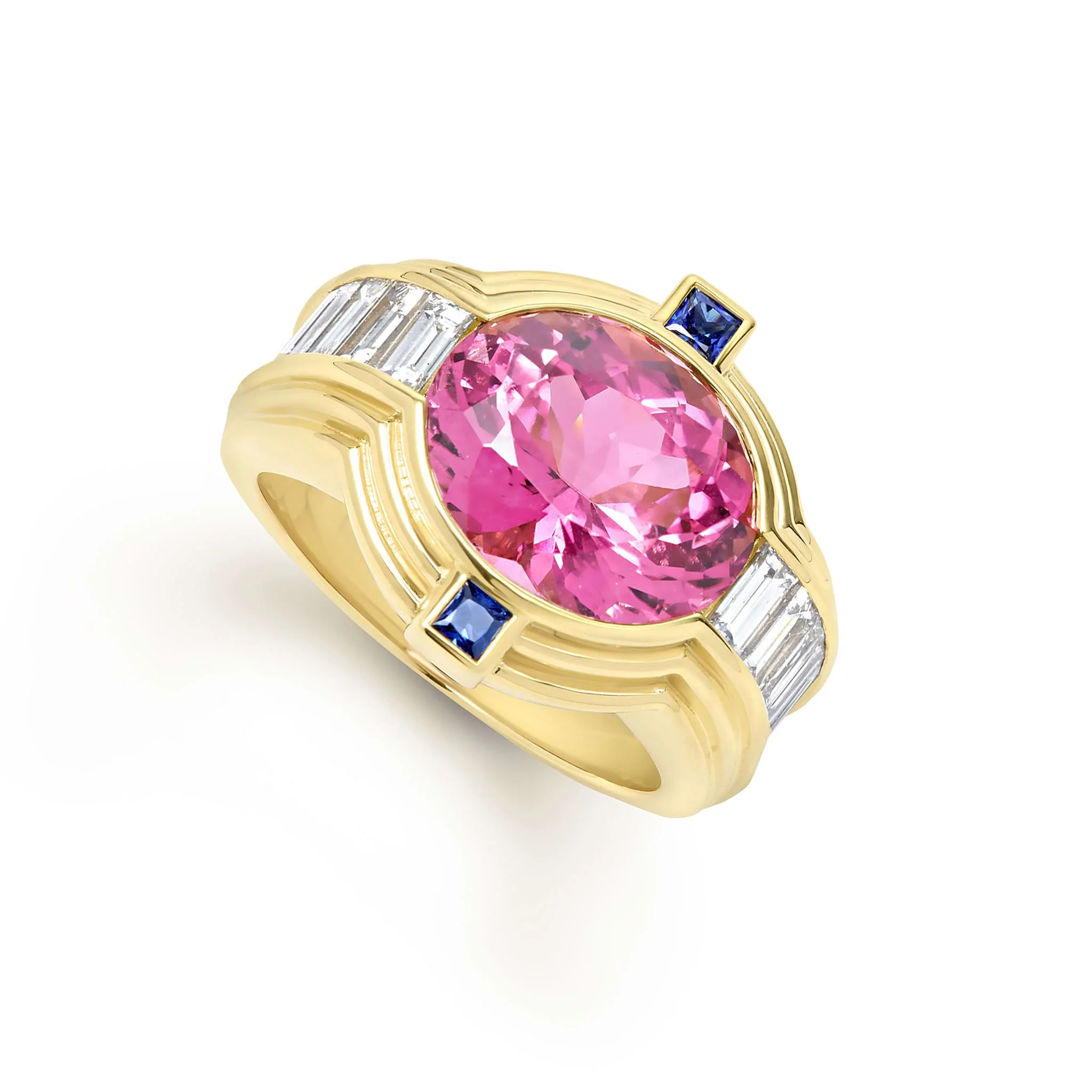 Studio 18K Gold Pink Tourmaline and Blue Sapphire Diamond Ring