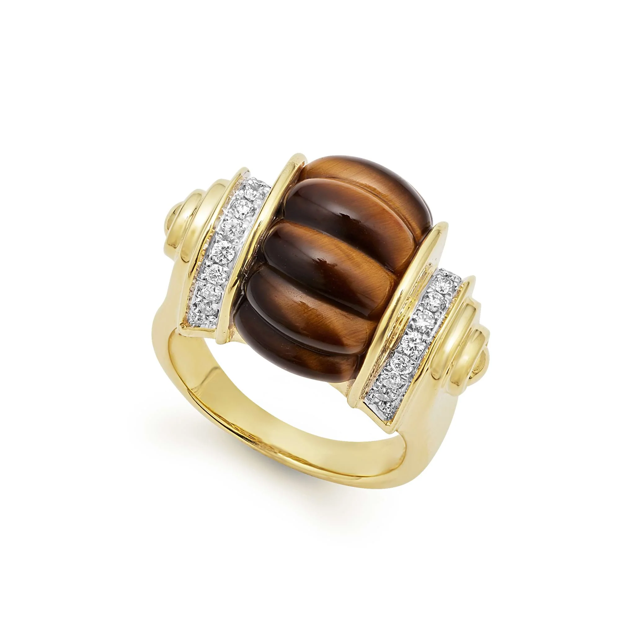Studio 18K Gold and Diamond Tigerseye Fluted Ring